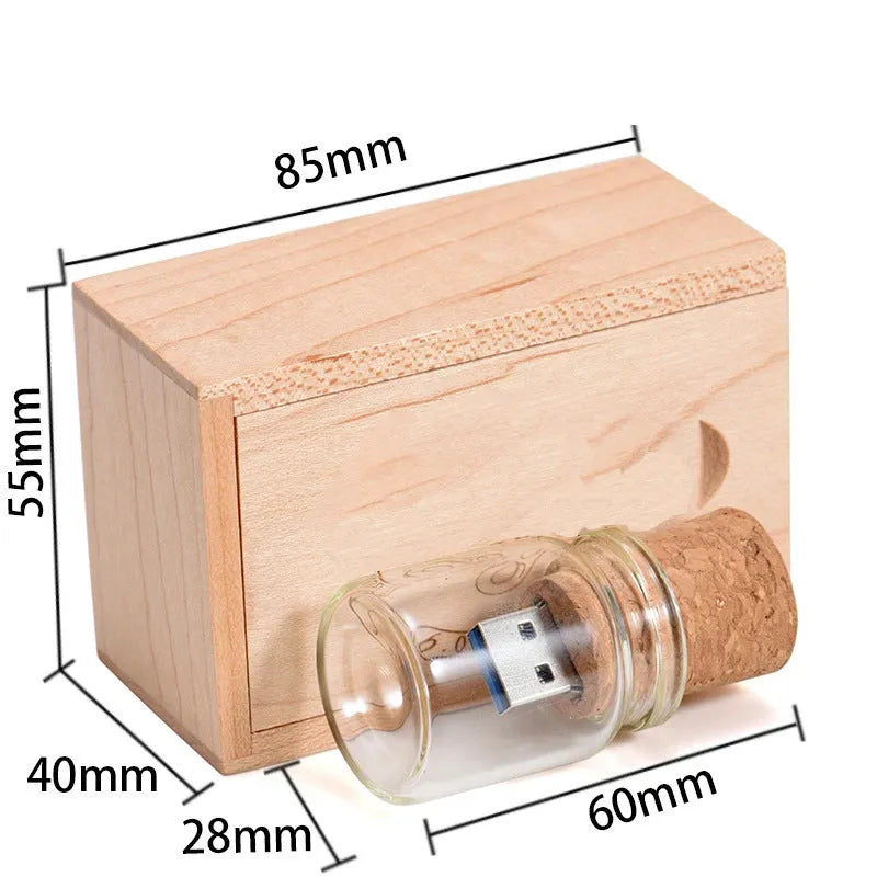 Chocolate brown wooden personalised USB memory stick shaped like a drift bottle, showing custom text engraving.