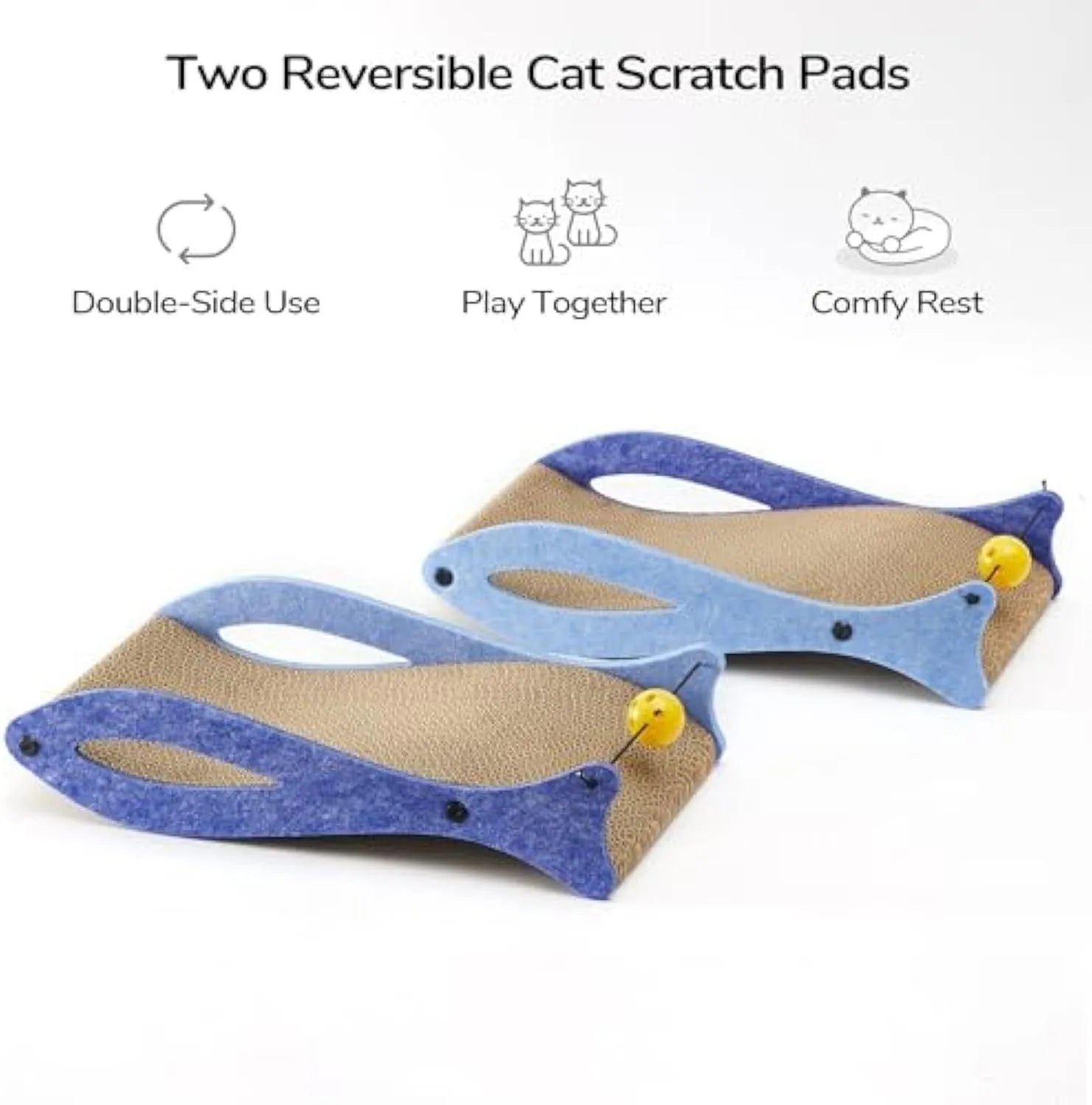 Blue fish-shaped cardboard cat scratcher lounger with a dangling bell ball toy.