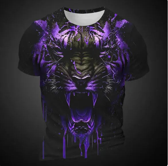 Men's grey T-shirt with a detailed 3D tiger head design printed on the chest.