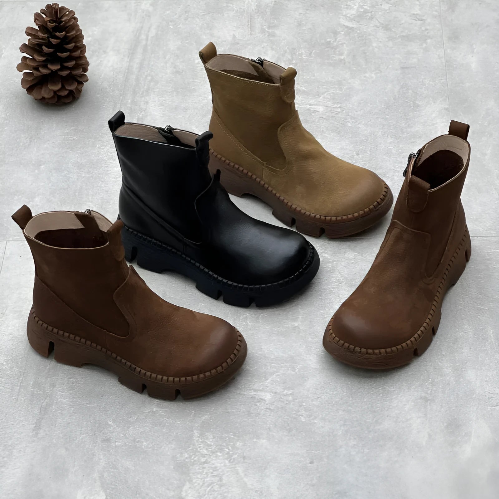 Women's round toe leather boots mid heel mid calf side zipper cowhide pigskin lining rubber sole