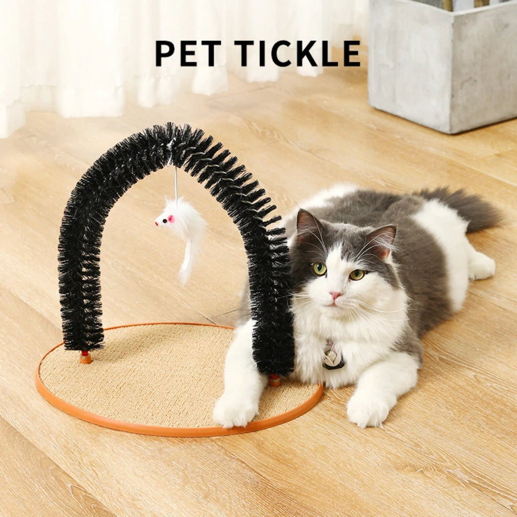 Black plastic cat hair rub anti-itch device with arch brush and attached lanyard mouse toy