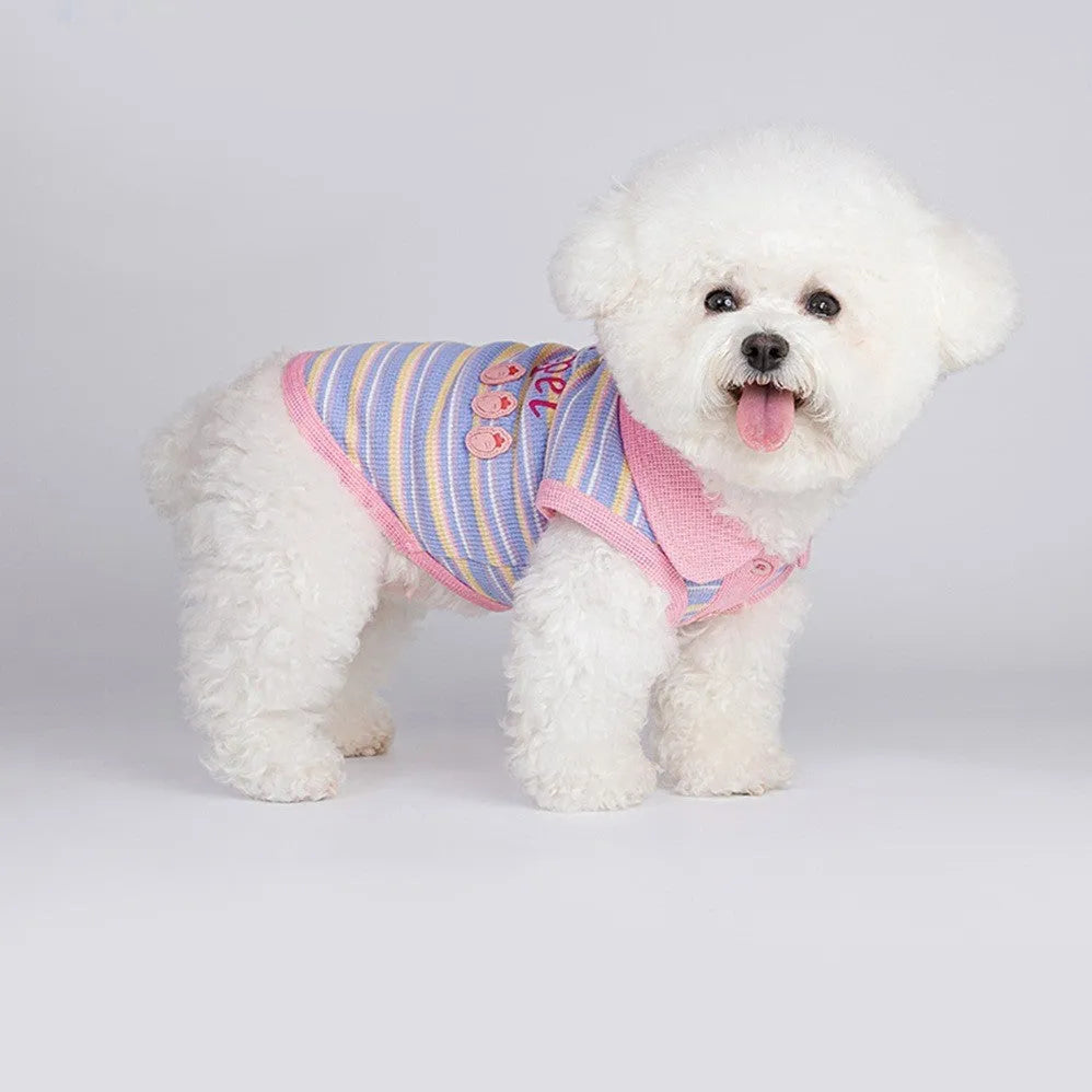 Pink purple autumn vest for small dogs showing weight-based sizing options