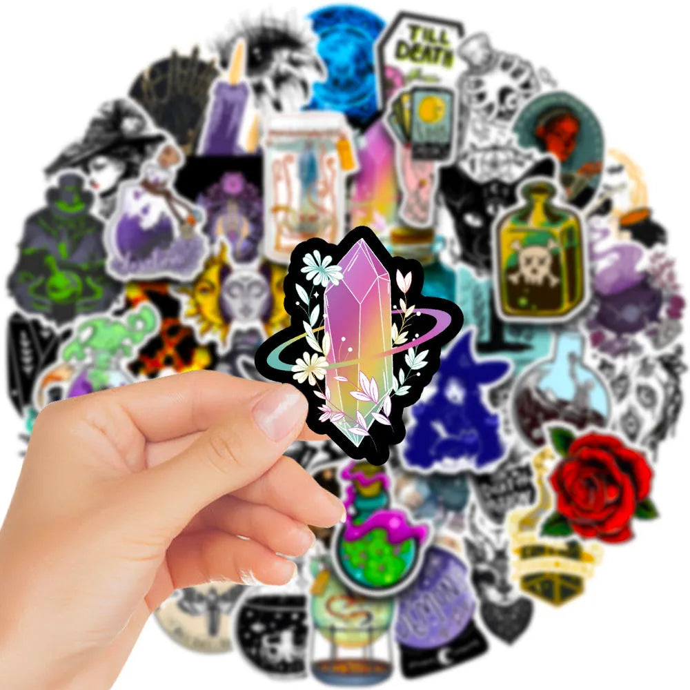 Pack of 50 assorted glossy waterproof PVC stickers for laptops and smooth surfaces.