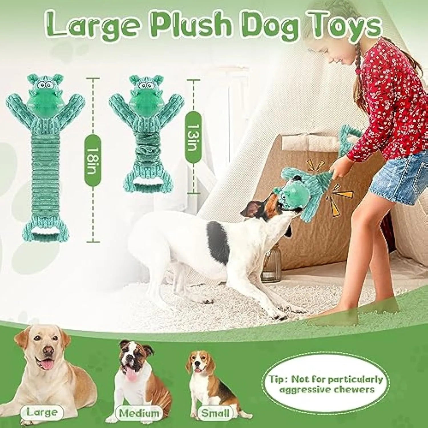Large plush squeaky dog toy with handle, shown in hippo and monkey designs