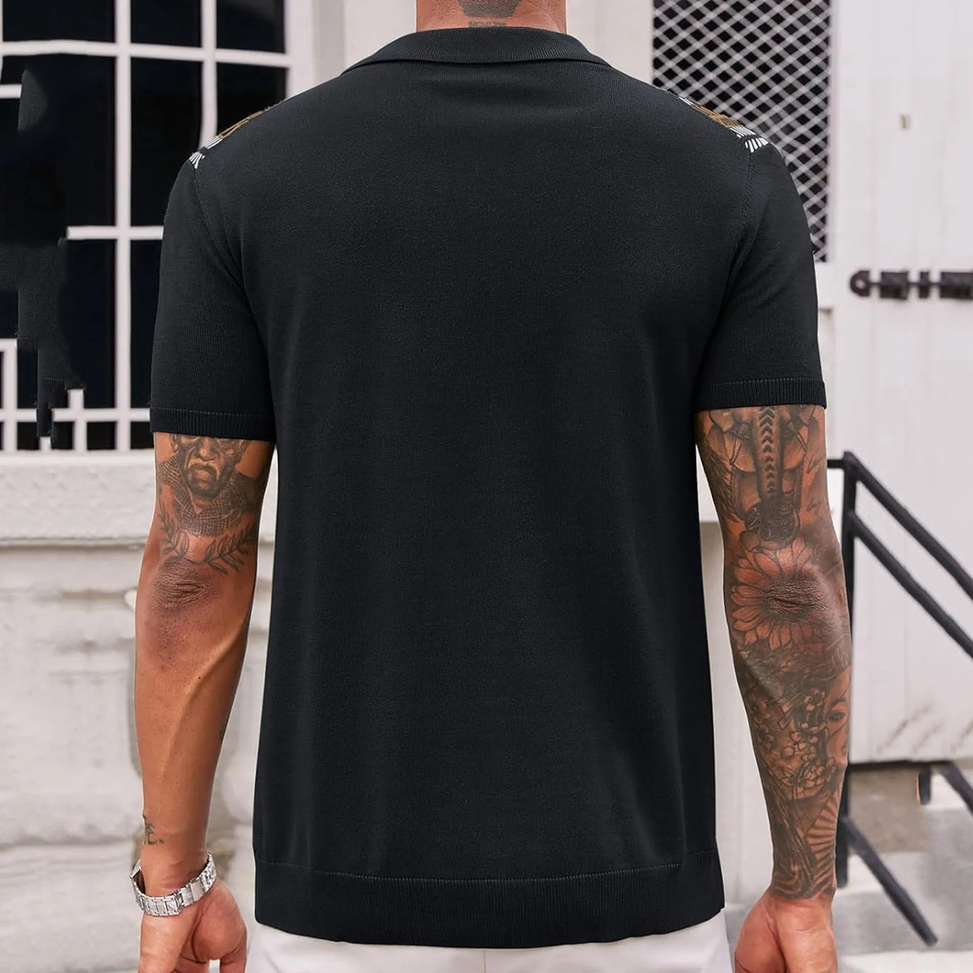 Men's casual striped jacquard sweater in green, short sleeves, regular fit, Tencel viscose blend, summer leisure wear