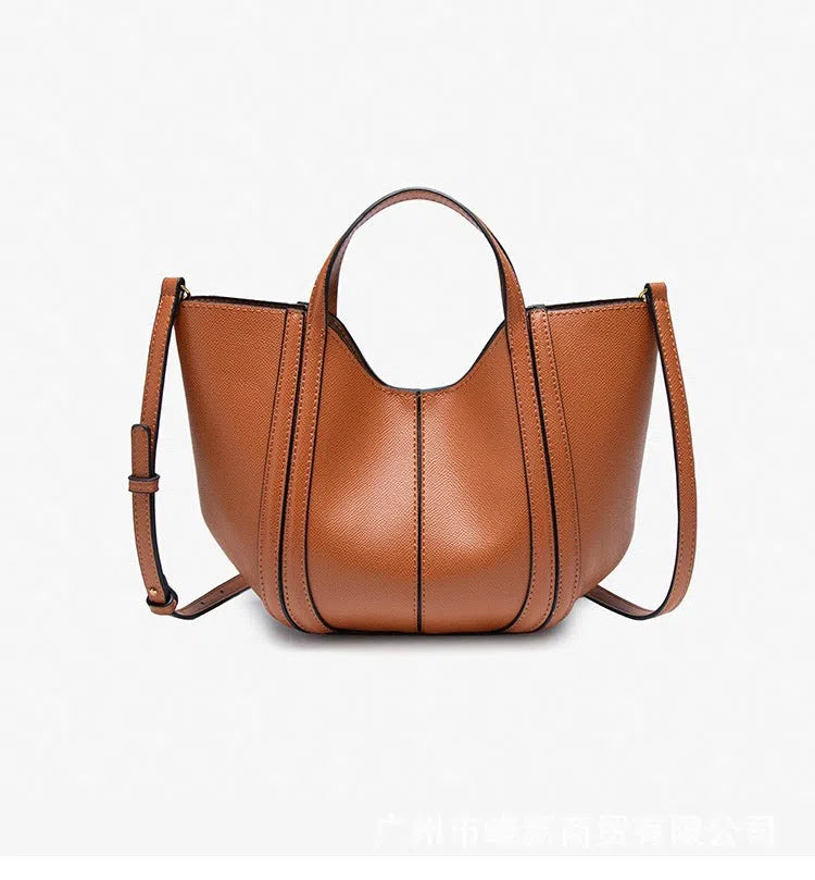 Bucket-textured PU vegetable basket tote bag for women with stitched seams, brown colour, single shoulder strap