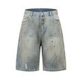Straight-leg washed blue denim trousers with zipper fly and cropped middle pants length
