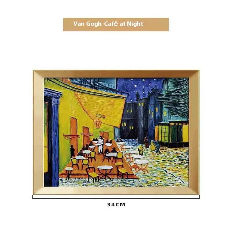 DIY paint by numbers kit showing Van Gogh's Starry Night canvas with acrylic paints and brushes