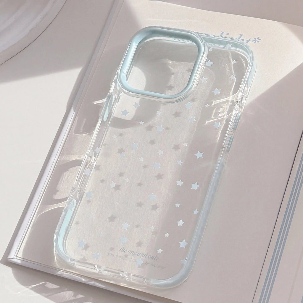 Blue stars drop-resistant TPU phone case for iPhone with transparent back and blue edge