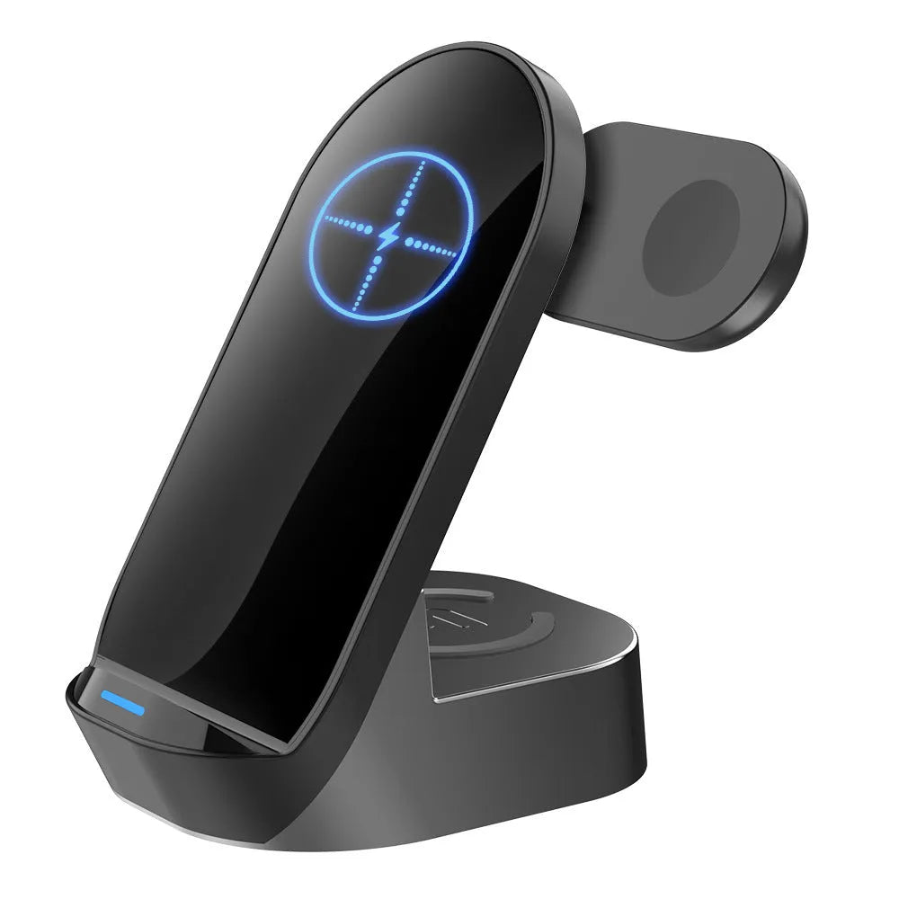 Black grey foldable 3-in-1 wireless charging vertical stand for phone watch and earbuds