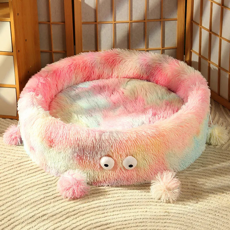 Round plush cat bed with cute small monster face pattern in green colour suitable for dogs and cats