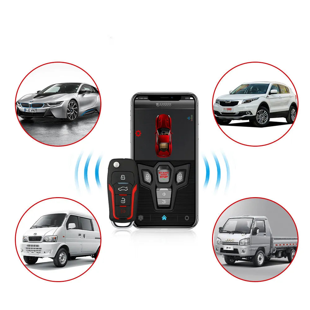 Red and black one-way remote control car alarm system with two remotes for vehicle security.
