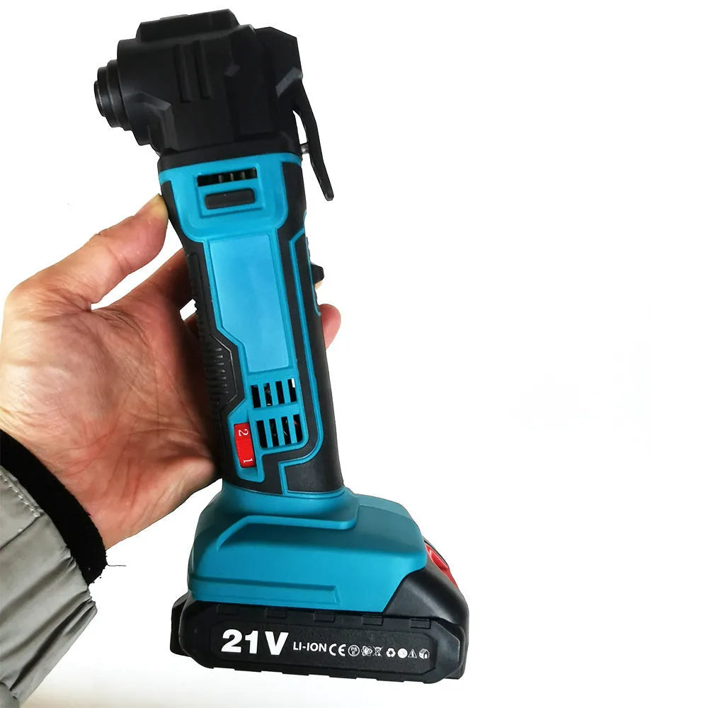 Rechargeable lithium battery garden trimming machine with metal body and 5 accessories in a plastic box.