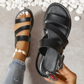 Women's retro buckle beach slippers in brown with PU upper, imitation leather lining, round toe, and rubber sole