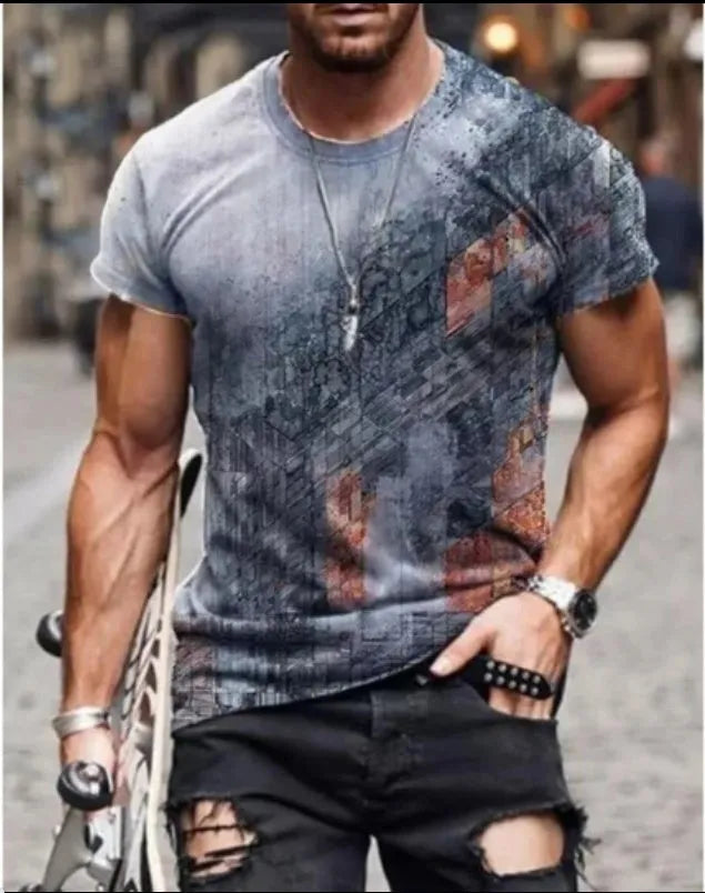 Abstract painting print short-sleeved t-shirt with round neck, collarless design, 80% cotton blend, available in multiple colours and sizes S-5XL
