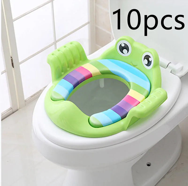 Pink baby toilet seat with adjustable non-slip pads for toddlers aged 1-6 years on a toilet bowl