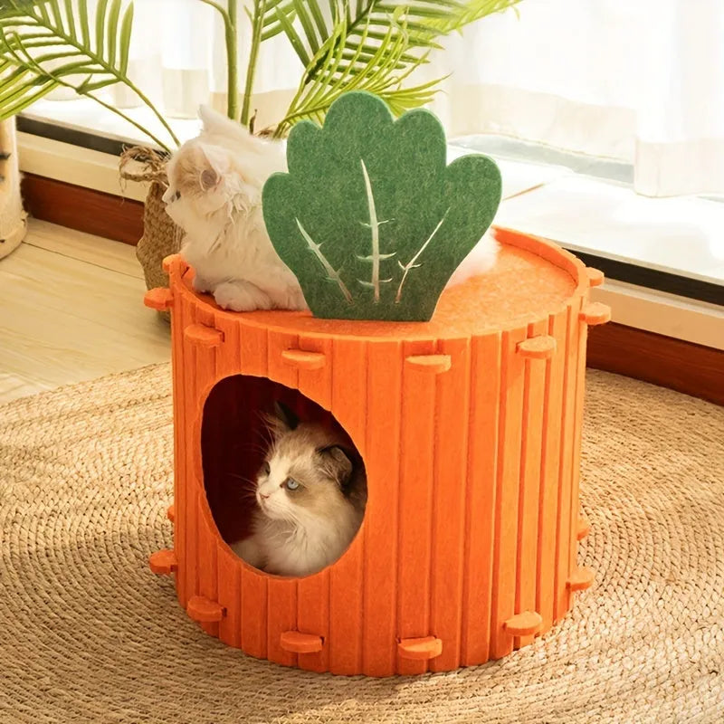 A soft grey felt cat tunnel nest shaped like a carrot, shown in a semi-enclosed tunnel design.