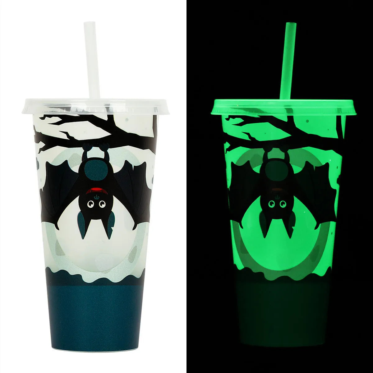 A luminous Halloween-themed plastic sippy cup with a straw, showing its 720ml cylindrical shape.