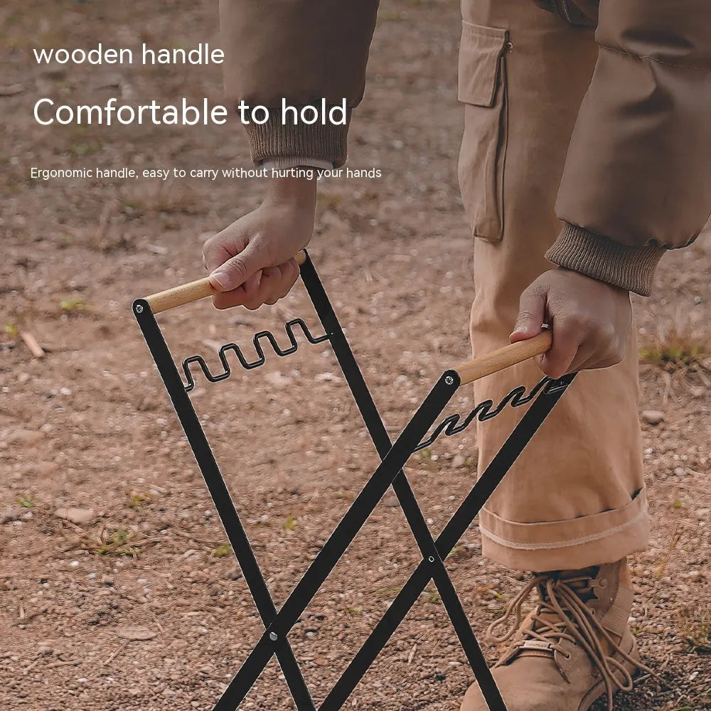 Outdoor iron garbage storage hanger with wooden handle in folded position