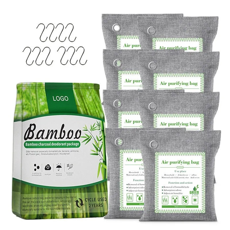 Bamboo charcoal wrapped activated carbon bag for formaldehyde removal in 100g, 200g, and 500g sizes.
