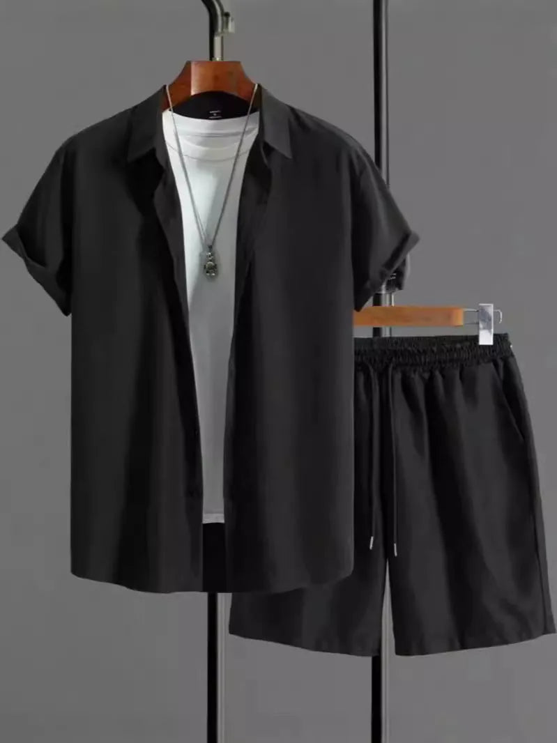 Men's jacquard black and white short sleeve suit set with matching shorts in chemical fibre blend fabric