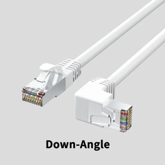 Cat6 Ethernet cable with right-angled RJ45 connector in various colours and lengths