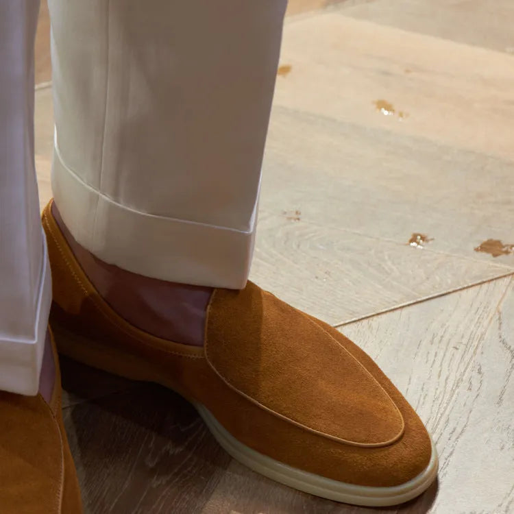 British handmade men's leather loafers in brown with a flat TPR sole