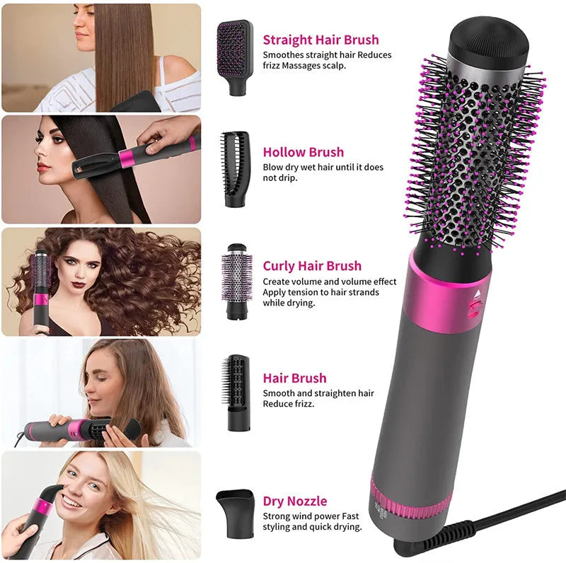 Dyson grey 5-in-1 hair dryer brush styling tool with hollow, nozzle, straight, and curly brush attachments