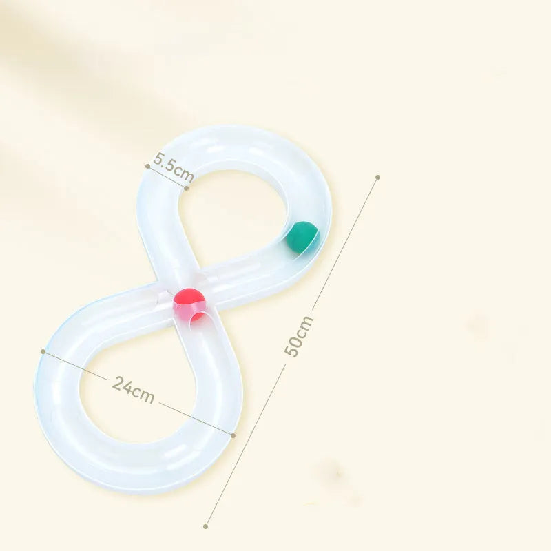 Blue and white cat toy set with turntable track ball system, teasing stick, and multiple balls
