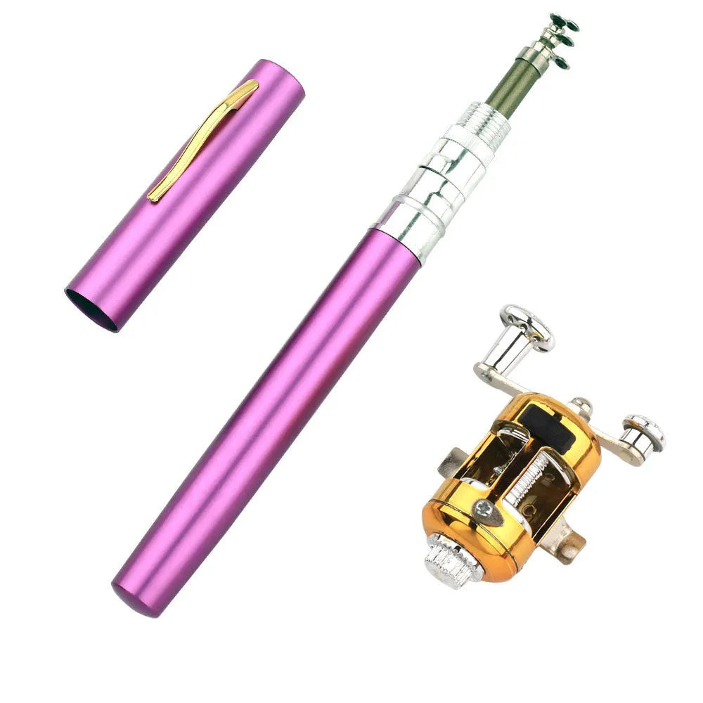 Gold telescopic pocket fishing rod collapsed in aluminium case next to extended 1m rod with ST5RL reel.
