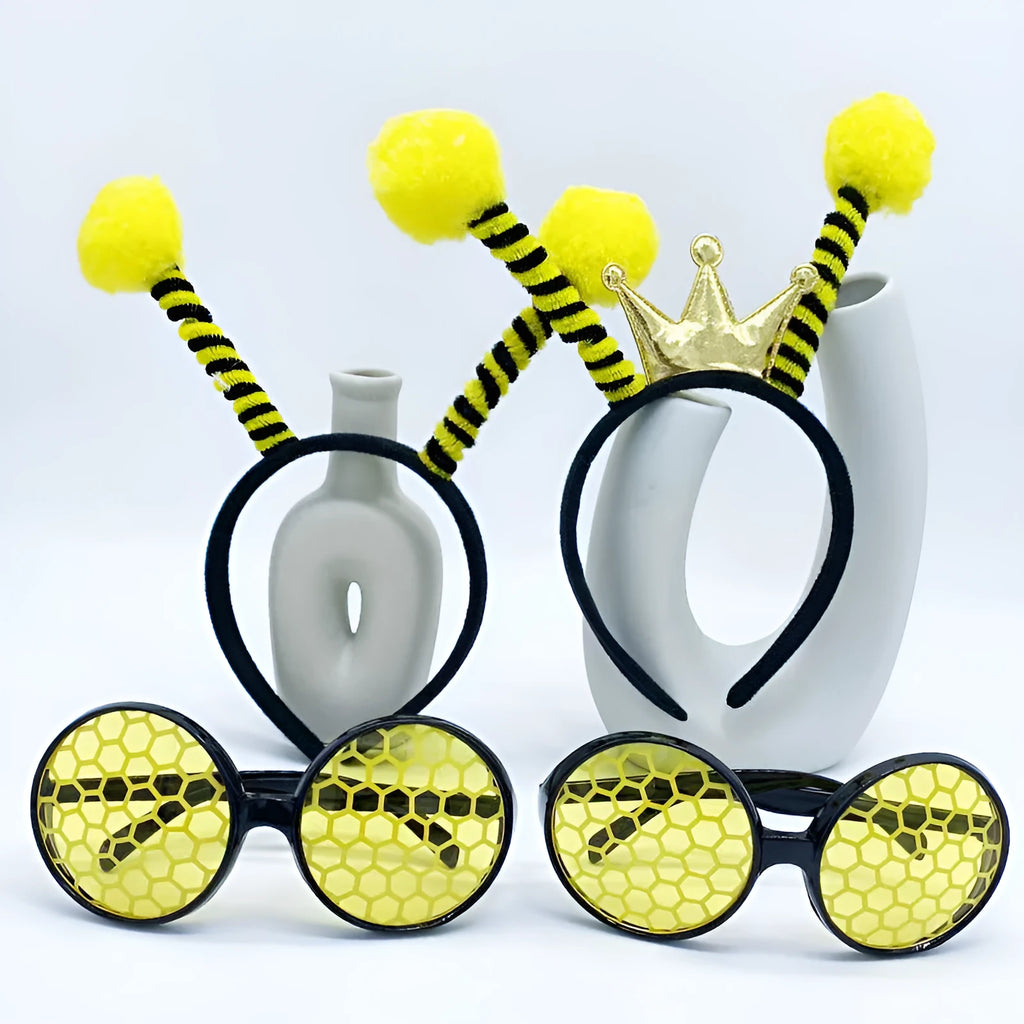 Yellow bee costume headband with matching glasses featuring butterfly and ladybug decorations