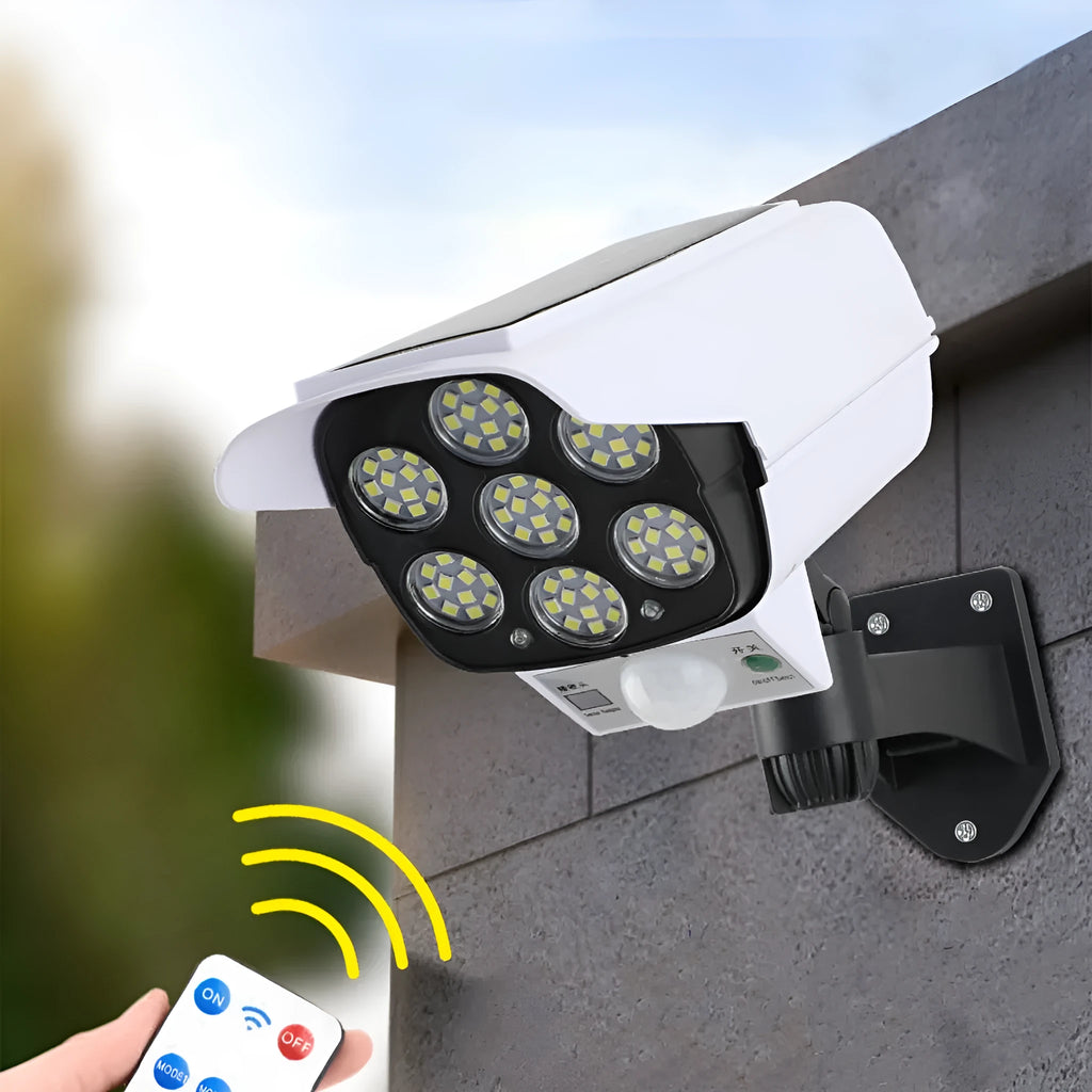 Solar simulation monitor lamp for outdoor security with waterproof LED illumination and motion sensor