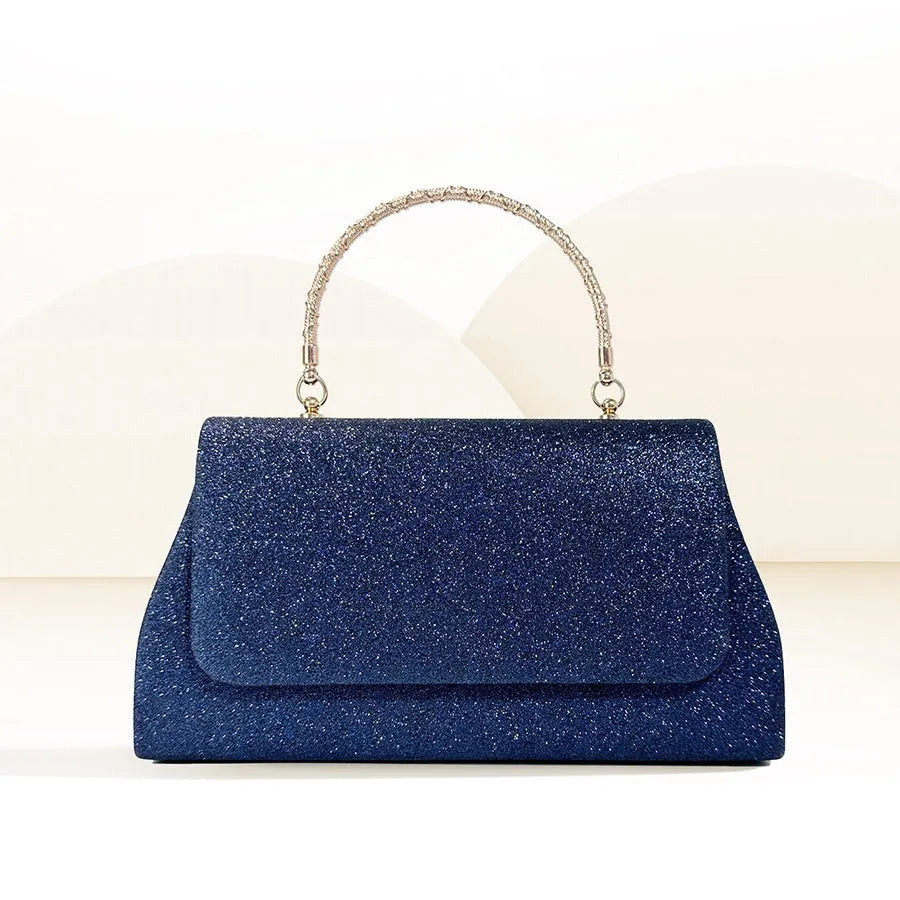 Women's glitter chain handbag in champagne, horizontal square shape, open pocket outer, polyester construction
