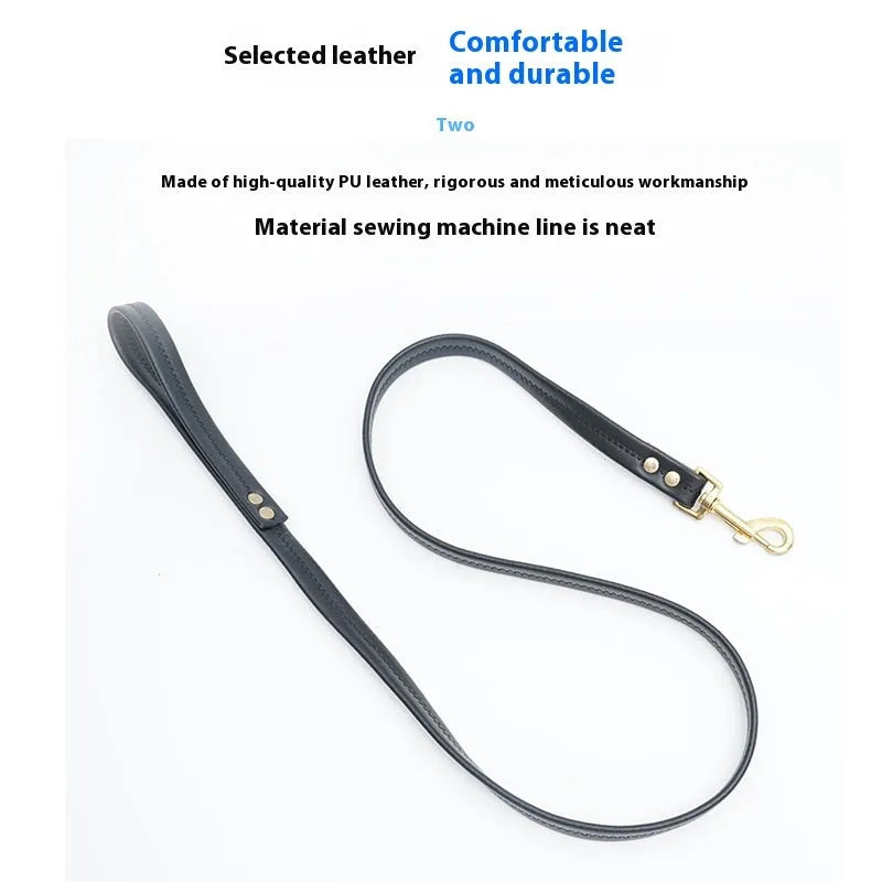 Black PU leather handle dog lead with nylon rope shown at 2.0 metre length