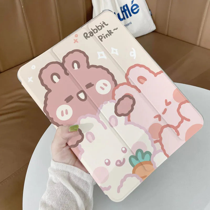 Flat silicone tri-fold protective case for iPad with cartoon rabbit design