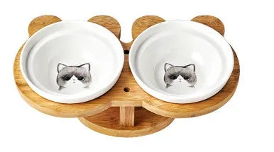 Ceramic cat bowl set on wood base with two bowls, 31.8cm, Grey Cat style
