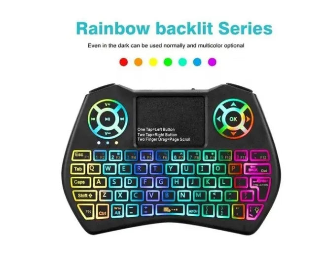 Mini wireless keyboard with flying mouse, touchpad, and RGB LED backlit in black, featuring Qwerty layout and USB receiver