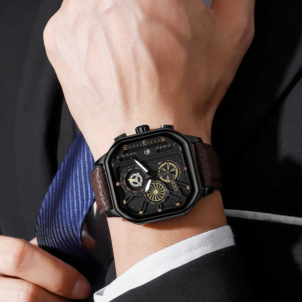 Men's waterproof quartz watch with black silicone strap and luminous dial