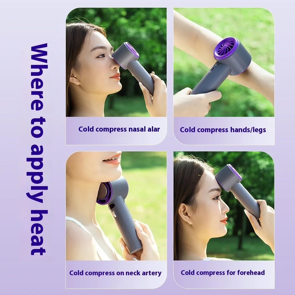 Portable handheld turbo fan with semiconductor cooling, 3000mAh battery, 58x60.5x170mm, in white