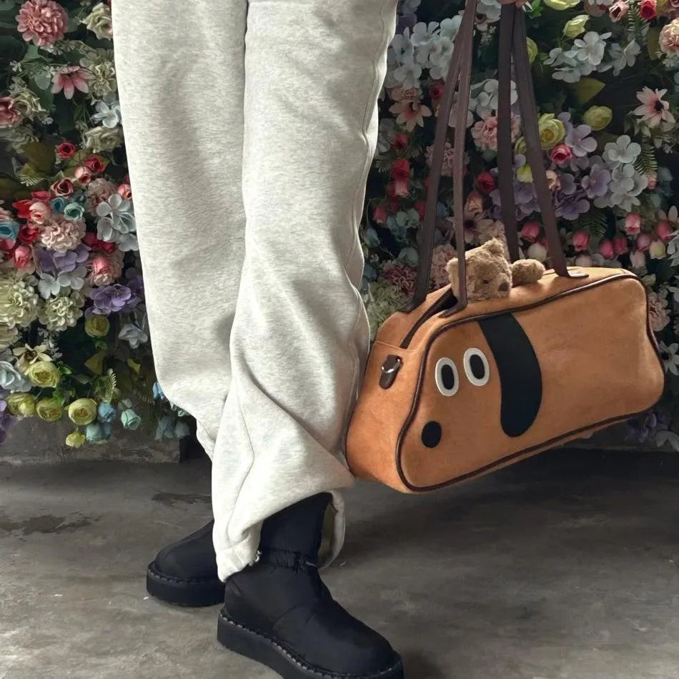 Virtue Pull Sausage Dog cute large capacity crossbody shoulder bag in toast brown cotton