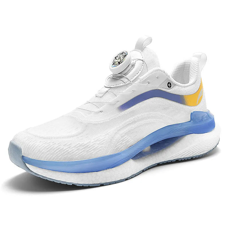 Men's high-top running shoes with mesh upper in cotton candy colour showing buckle closure and composite sole