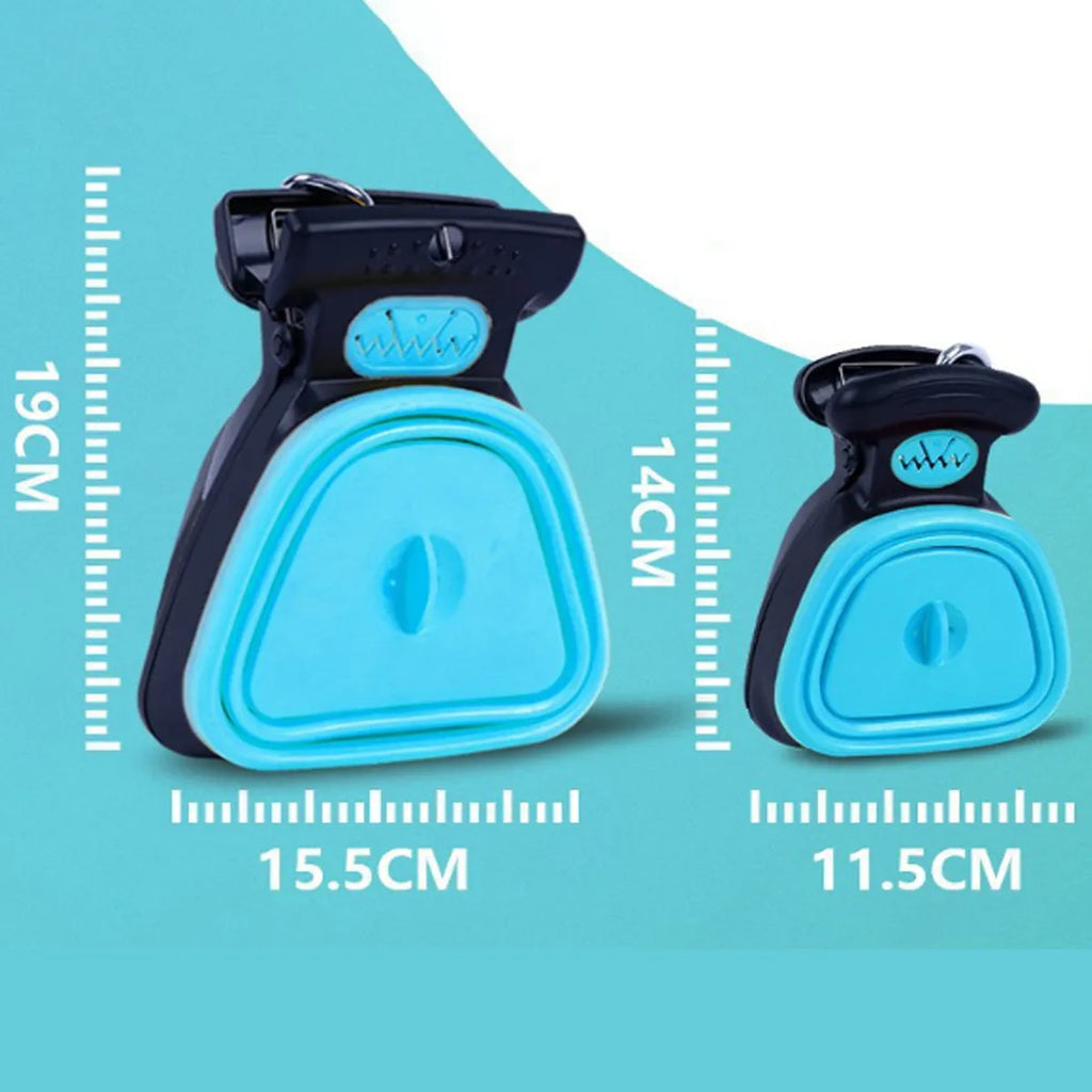 Blue portable pooper scooper with expandable container and carabiner clip for dog waste cleanup