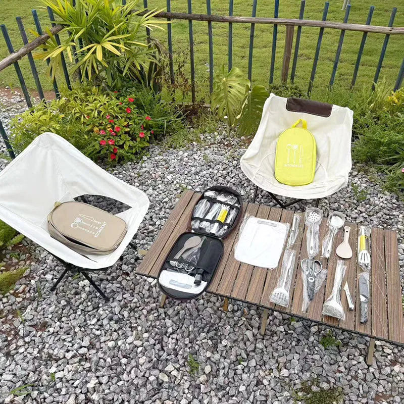 12-piece stainless steel camping kitchenware set in portable storage bag for outdoor cooking