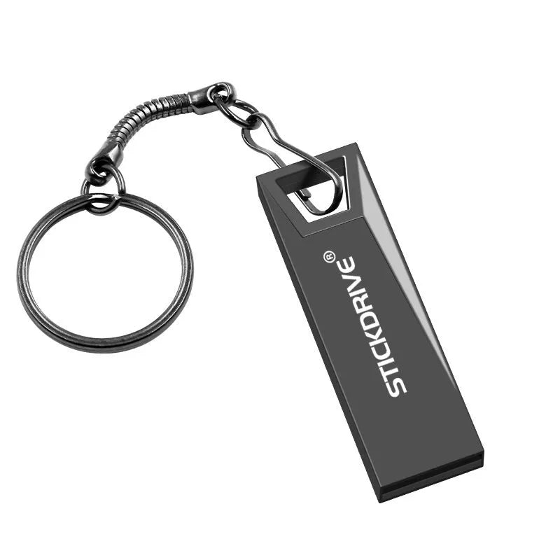 Metal USB flash drive on a keyring with options for necklace chain, shown in black and silver finishes.