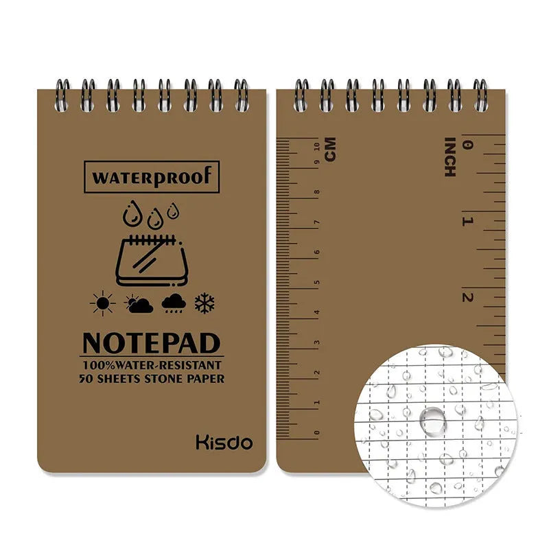 Spiral waterproof office notepad showing six colour options including camouflage patterns