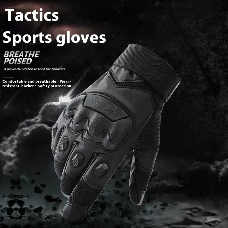Men's black full finger tactical gloves with touch screen fingertips on a hand.