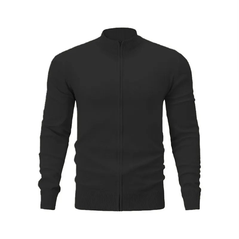 Casual stand collar zip-up sports sweater in a solid colour, shown on a model.