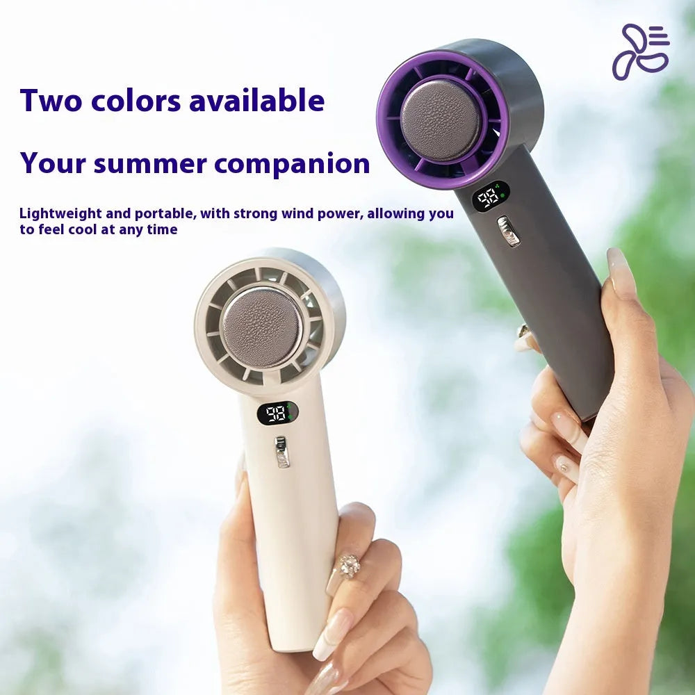 Portable handheld turbo fan with semiconductor cooling, 3000mAh battery, 58x60.5x170mm, in white