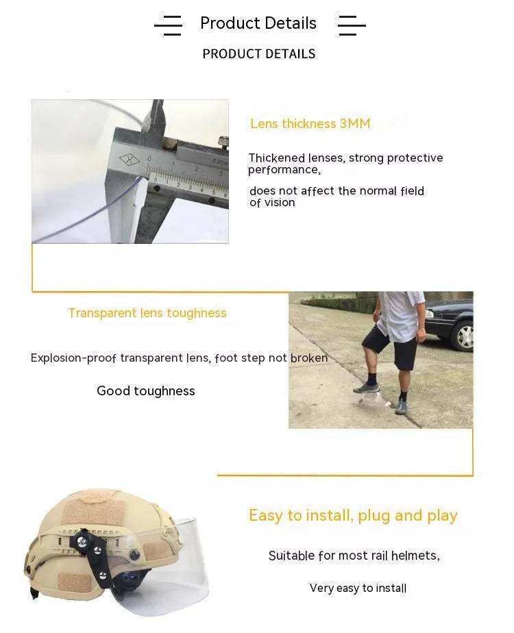 Transparent polycarbonate helmet mask with windproof lens and guide rail system for sports face protection