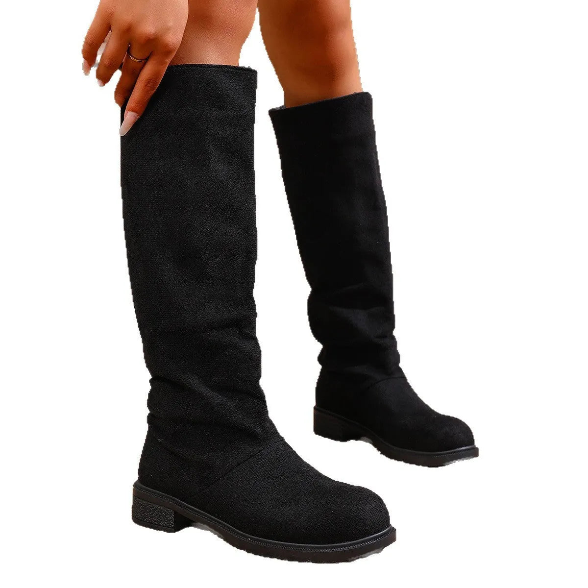 Cow suede high leg chunky heel boots side view